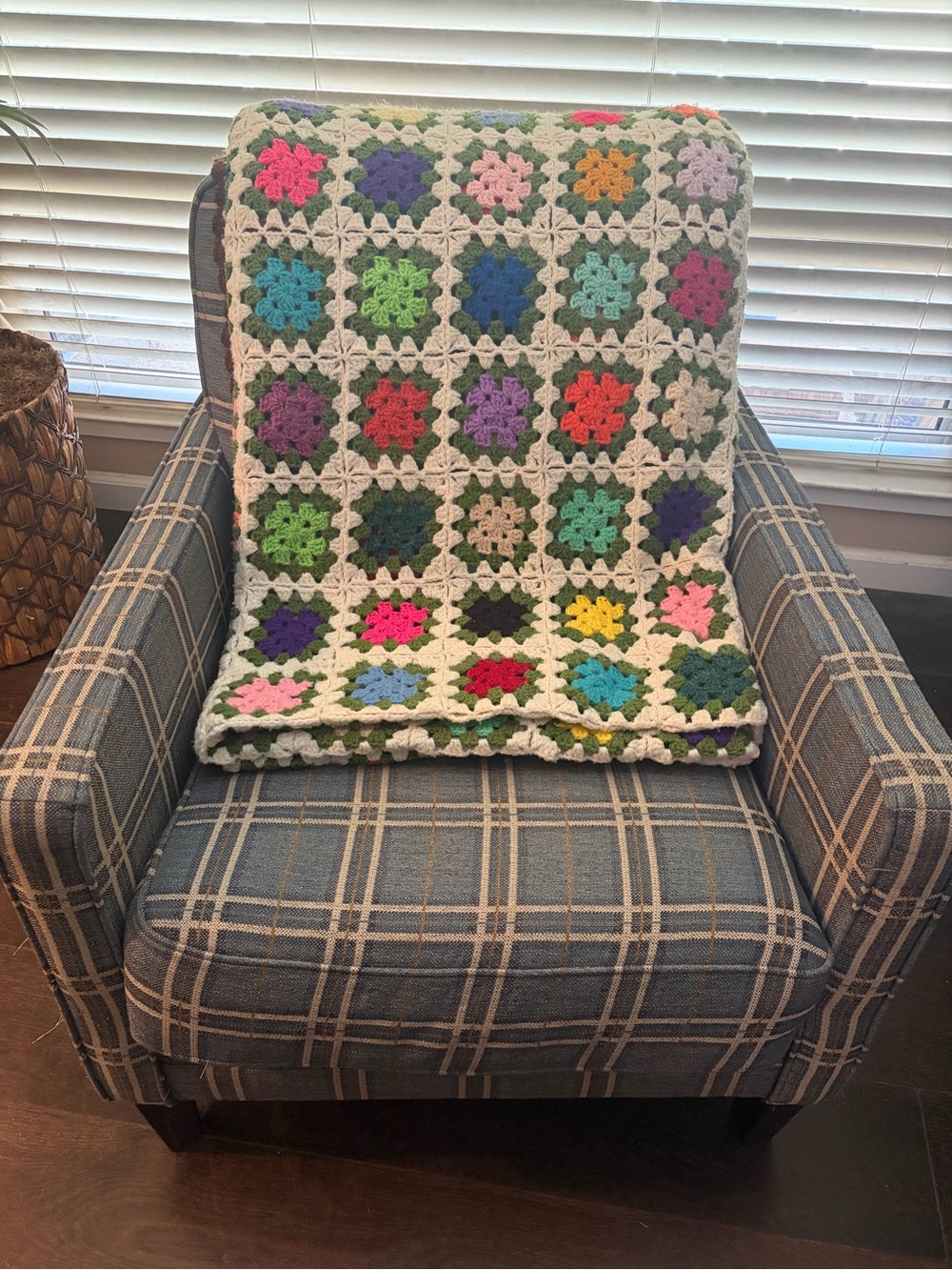 Beautiful Handmade Grandma Square Quilt, Multicolor w/ Chocolate Boarder